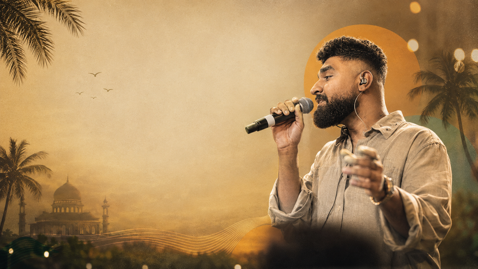 Hanan Shah singing live into a microphone in a traditional Malabar outfit, under warm amber lights with palms and a Kerala mosque behind