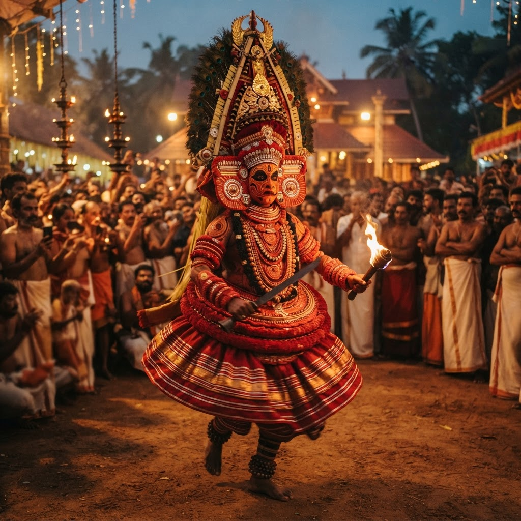 A Kerala Theyyam performer in an ornate red and gold costume with a flaming torch, performing amid a festive crowd