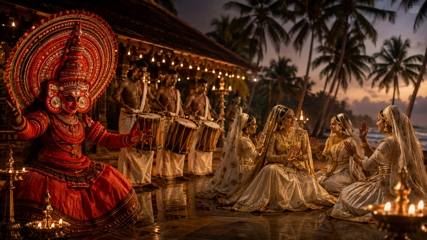 A Kerala festival at dusk with a Theyyam performer, chenda drummers, and women in traditional white-and-gold attire