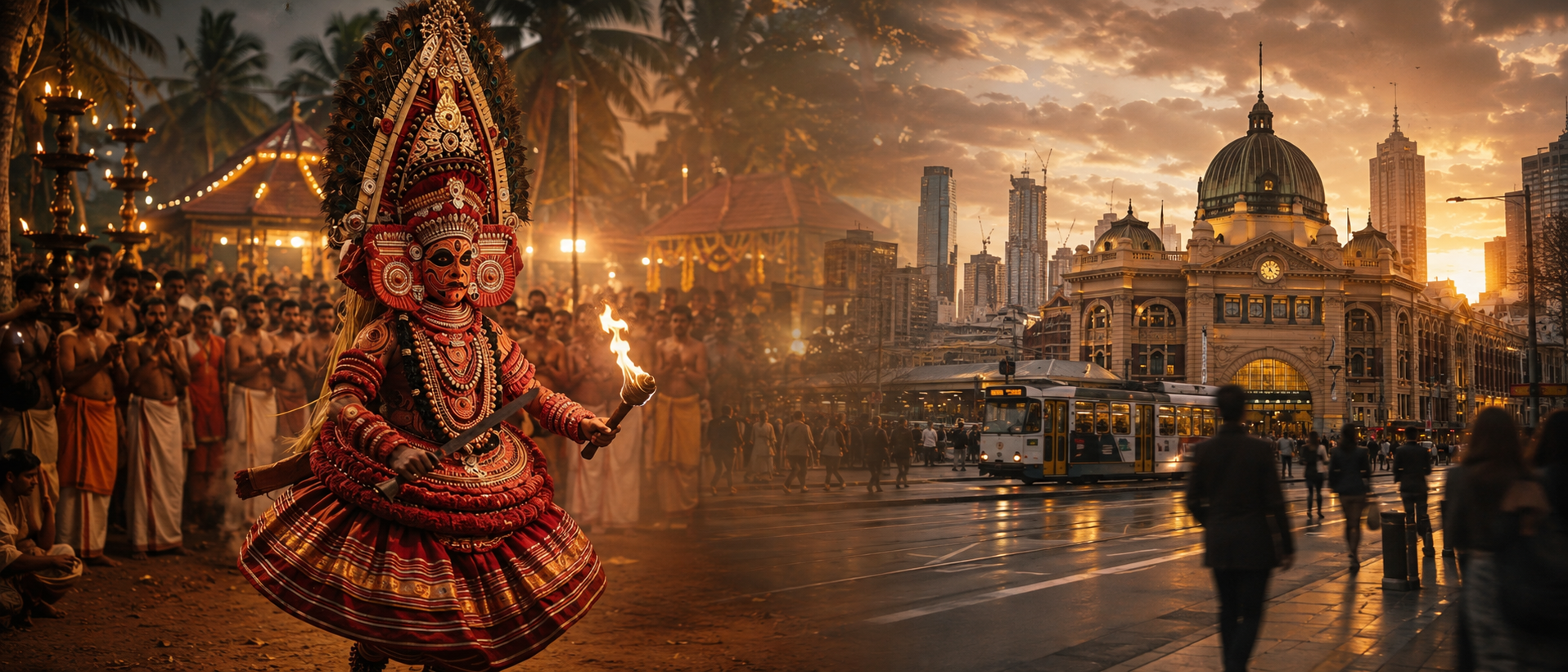 A Kerala Theyyam performer with a flaming torch on the left blending into Melbourne's Flinders Street Station at sunset on the right